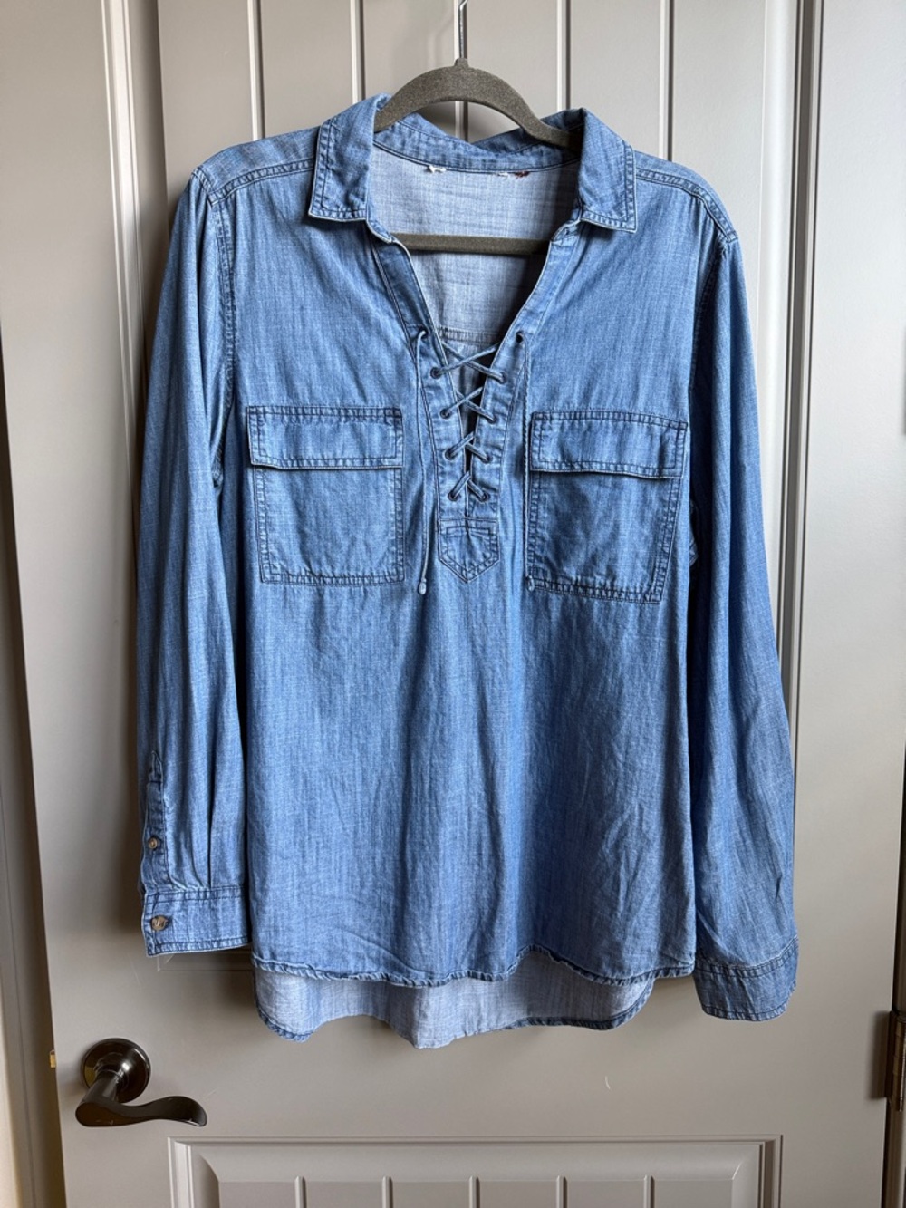 Light Wash Chambray Lace-Up Popover Shirt
